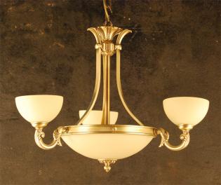 CHANDELIER BRASS AND GLASS - ANTIQUE BRASS CREAM  GLASS